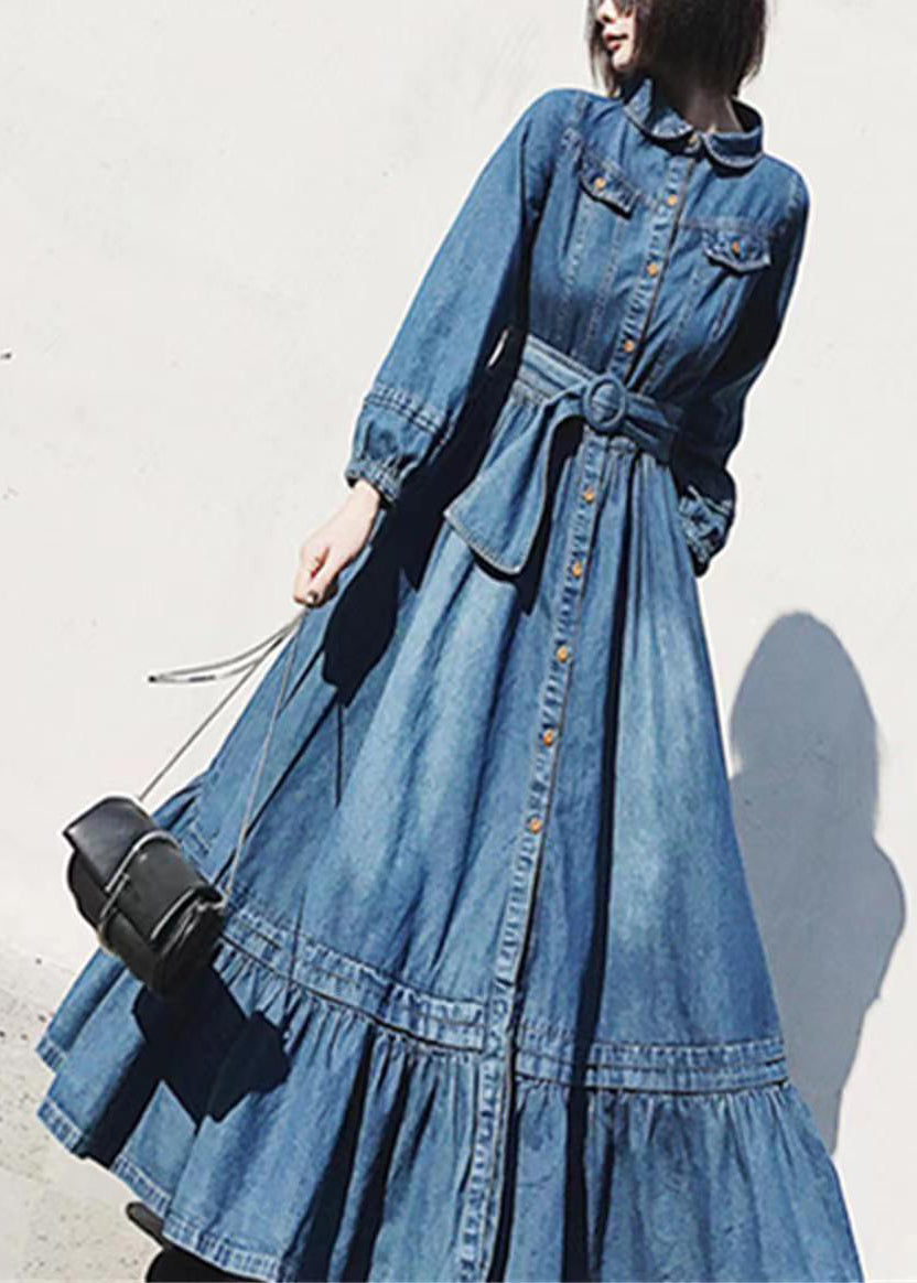 French Blue Peter Pan Collar Button Denim Dress Long Sleeve ZL076