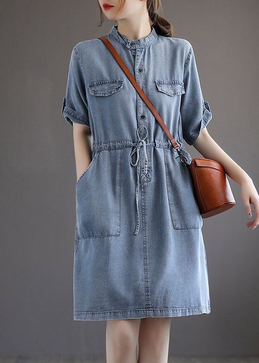 French Blue Pockets Tie Waist Denim Dresses Summer Ada Fashion