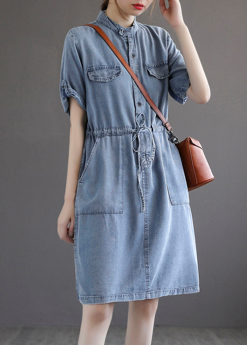 French Blue Pockets Tie Waist Denim Dresses Summer Ada Fashion