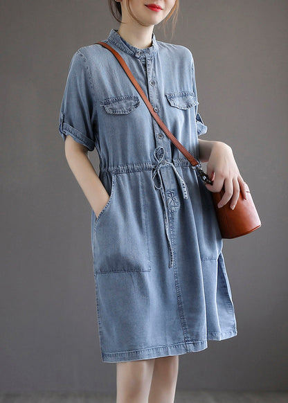 French Blue Pockets Tie Waist Denim Dresses Summer Ada Fashion