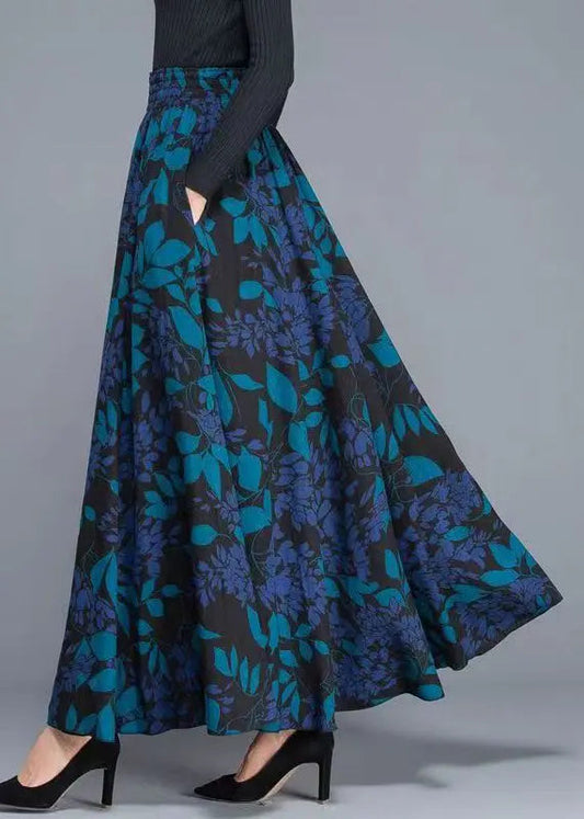 French Blue Print Pockets Elastic Waist Cotton Skirt Fall Ada Fashion