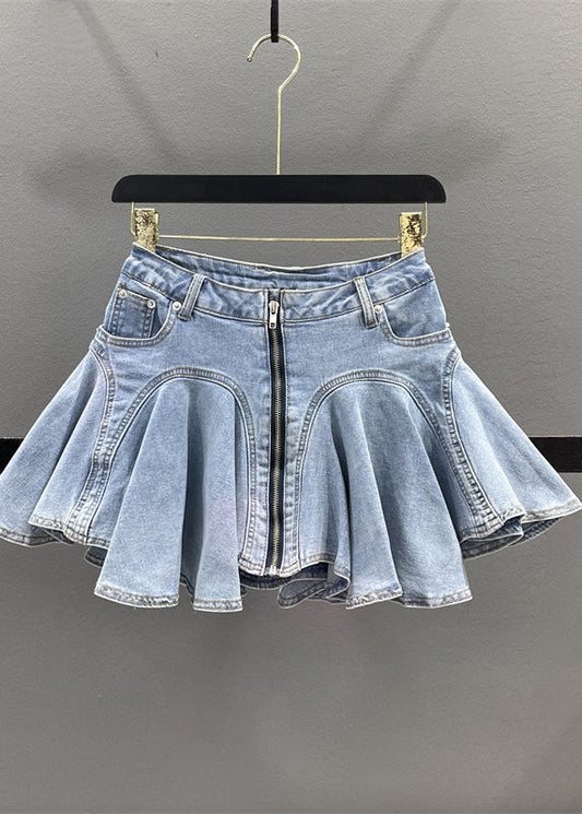 Jupe en jean zippée bleue à volants patchwork été français