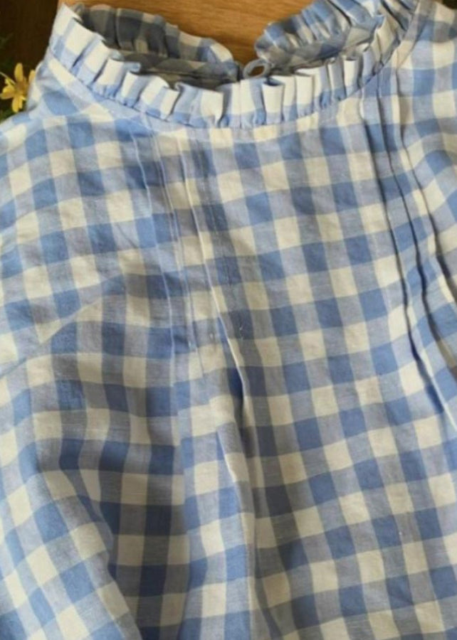 French Blue Ruffled Plaid Loose Cotton Top Summer QK015