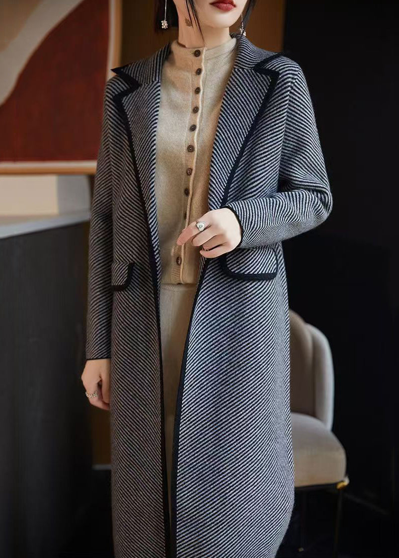 Manteau en laine à poches rayées bleu français automne AB1042