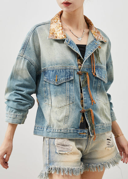 French Blue Tasseled Patchwork Denim Jacket Spring YU1062