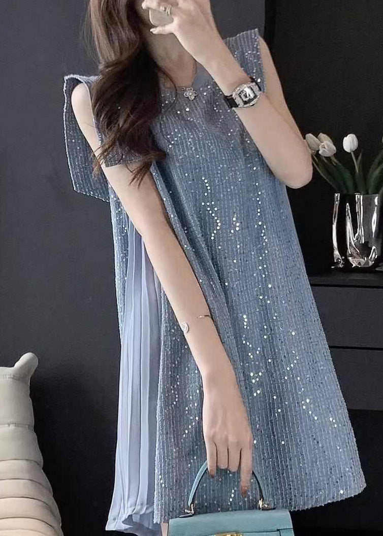 Robe mi-longue en tulle bleu français à paillettes et patchwork pour l'été UU1056