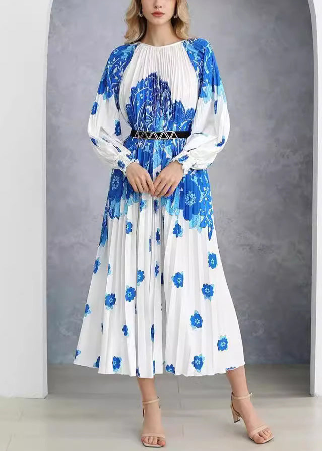 French Blue Wrinkled Print Cotton Long Dress  AU1020