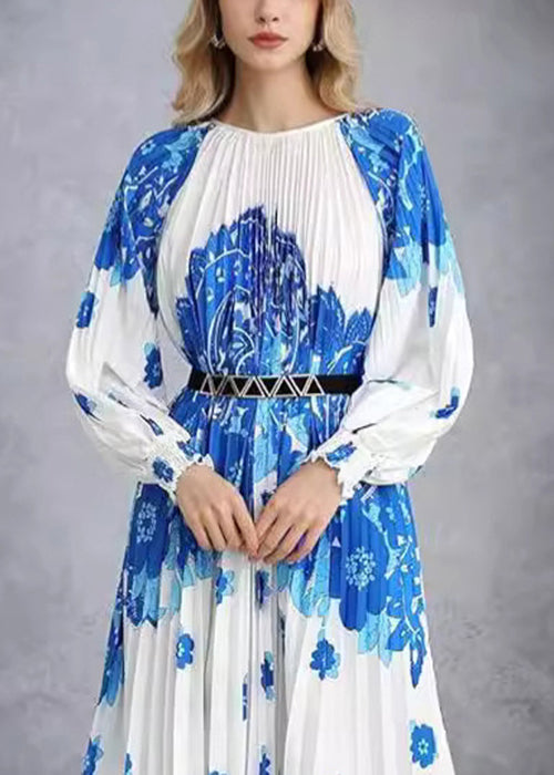 French Blue Wrinkled Print Cotton Long Dress  AU1020