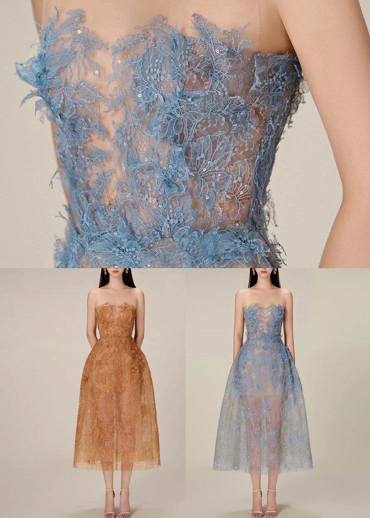 Robe longue en tulle à paillettes et dentelle à fermeture éclair bleu français sans manches KK016