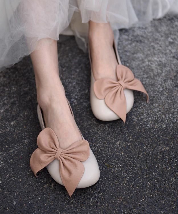 Faux Splicing Loafers French Beige Leather Bow Penny