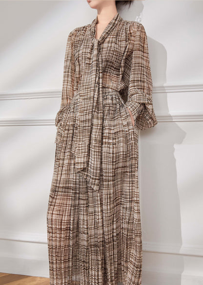 French Brown Bow Plaid Chiffon Two Piece Suit Set Fall WE020