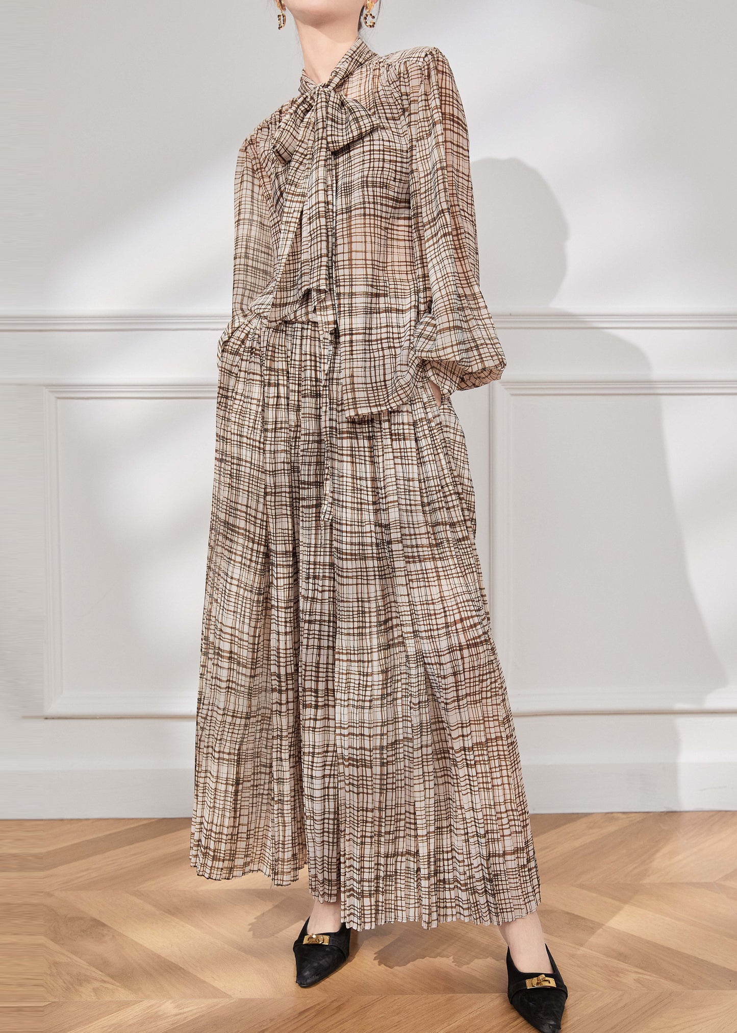 French Brown Bow Plaid Chiffon Two Piece Suit Set Fall WE020