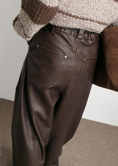 French Brown Pockets High Waist Faux Leather Pants Fall AW1013