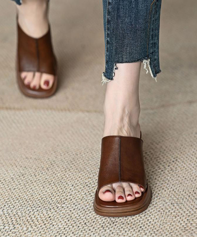 French Toe Peep Rivet Chunky Heel Splicing Sandals Brown Slide