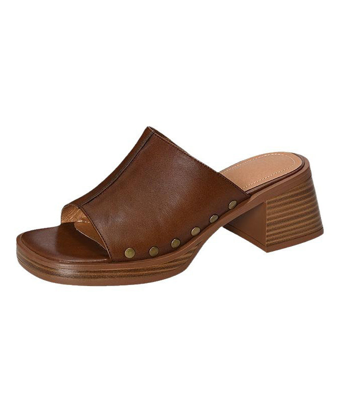 French Toe Peep Rivet Chunky Heel Splicing Sandals Brown Slide