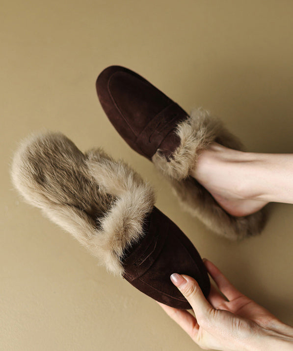 Chaussons en daim marron français doublés de laine YC011
