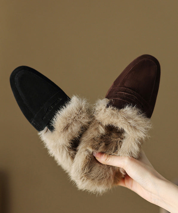Chaussons en daim marron français doublés de laine YC011