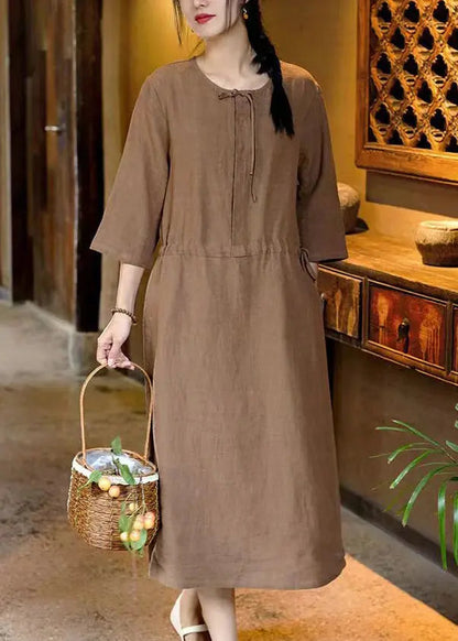 French Caramel Pockets Waist Linen Dresses Bracelet Sleeve Ada Fashion