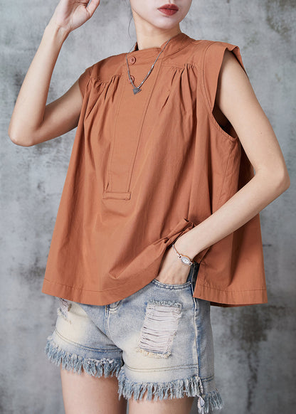 French Caramel Stand Collar Cotton Tank AL1004