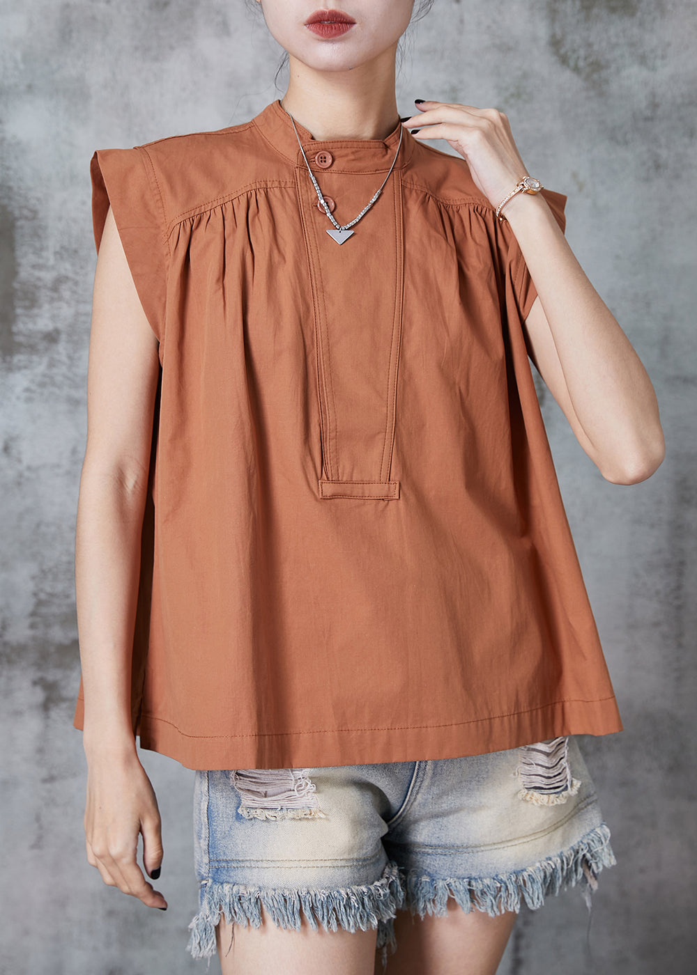 French Caramel Stand Collar Cotton Tank AL1004