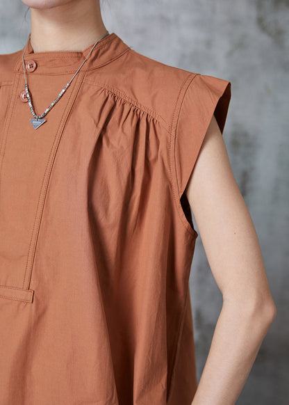 French Caramel Stand Collar Cotton Tank AL1004