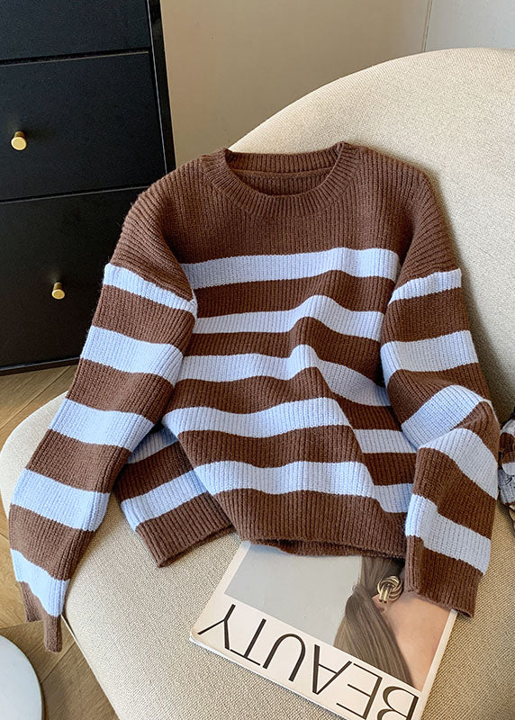 French Coffee O Neck Striped Knit Short Sweater Fall QI036