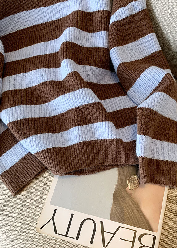 French Coffee O Neck Striped Knit Short Sweater Fall QI036