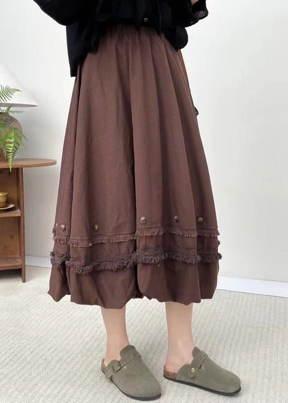 French Coffee Patchwork Elastic Waist Skirts Summer BV051