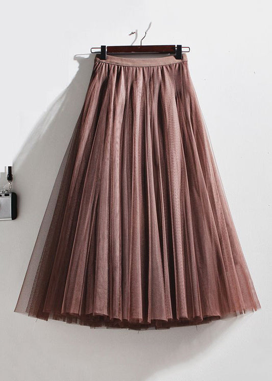 French Coffee Wrinkled Elastic Waist Tulle Skirts Summer Ada Fashion