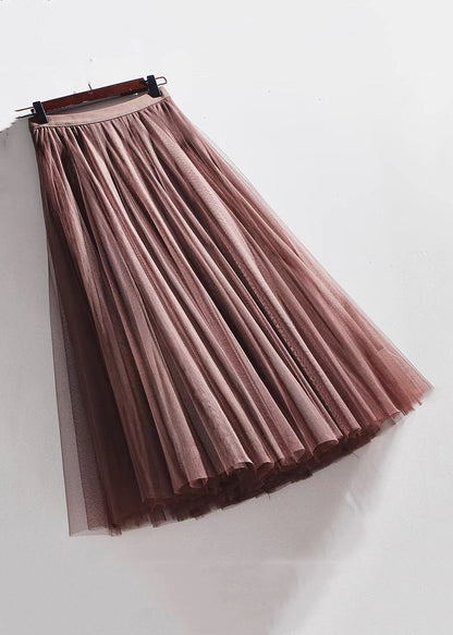 French Coffee Wrinkled Elastic Waist Tulle Skirts Summer Ada Fashion