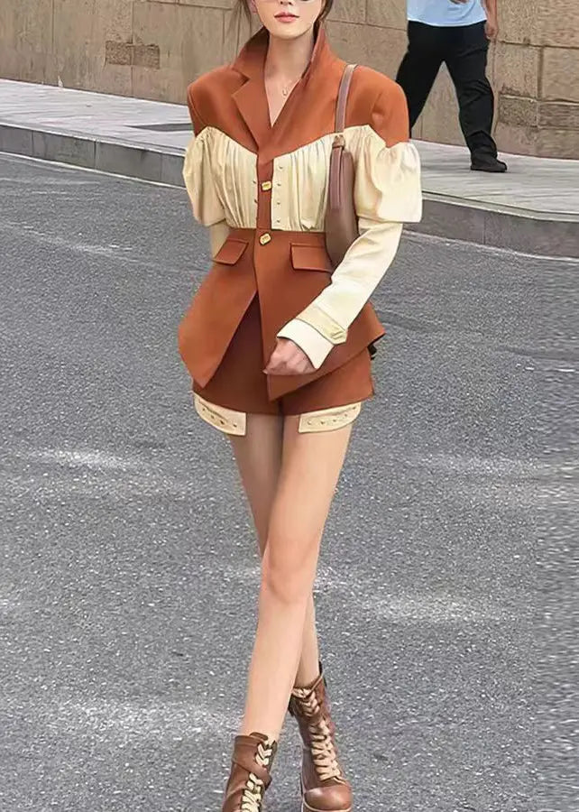 French Coffee Wrinkled Patchwork Coat And Shorts Two Pieces Spring HA1013 Ada Fashion