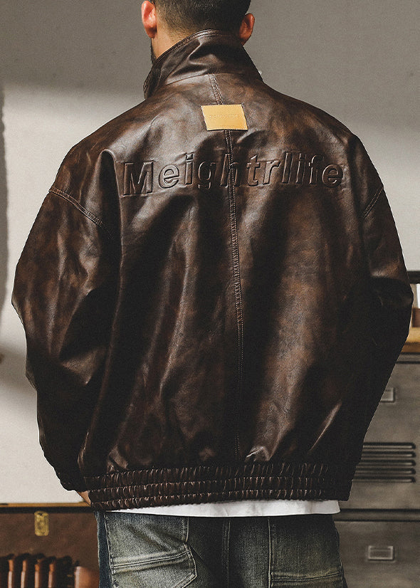 French Coffee Zip Up Oversized Faux Leather Mens Coats Spring RN025