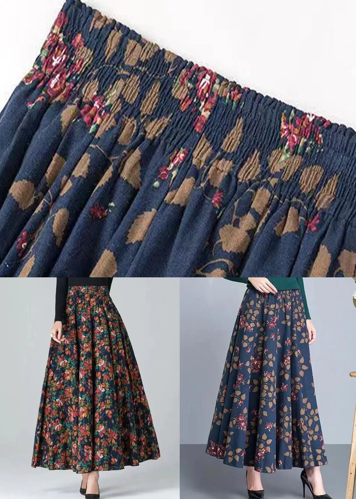 French Colorblock Print Wrinkled Pockets Cotton Skirt Fall Ada Fashion