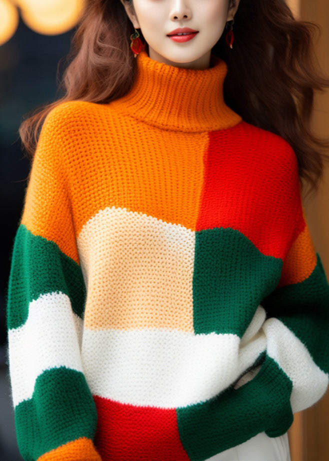 French Colorblock Turtleneck Cozy Knit Sweater Winter WK012