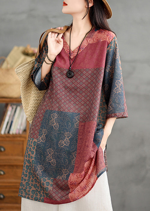 Shirts Neck V Bracelet Print French Colorblock Linen Sleeve