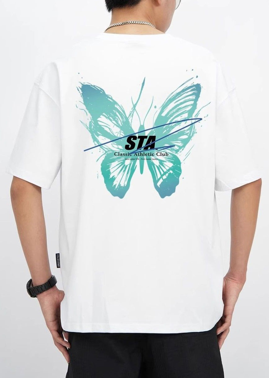 T-shirt d'été en coton imprimé papillon cyan français pour homme LK057