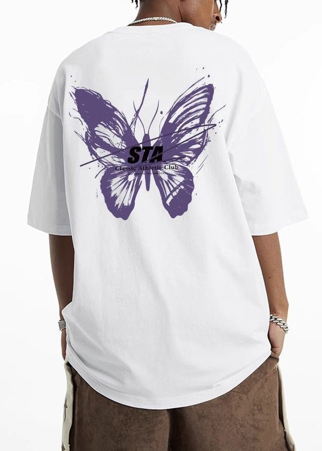 T-shirt d'été en coton imprimé papillon cyan français pour homme LK057