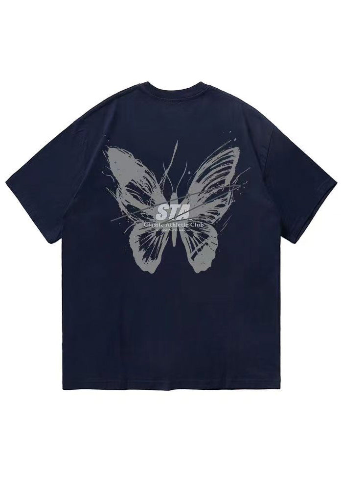 T-shirt d'été en coton imprimé papillon cyan français pour homme LK057