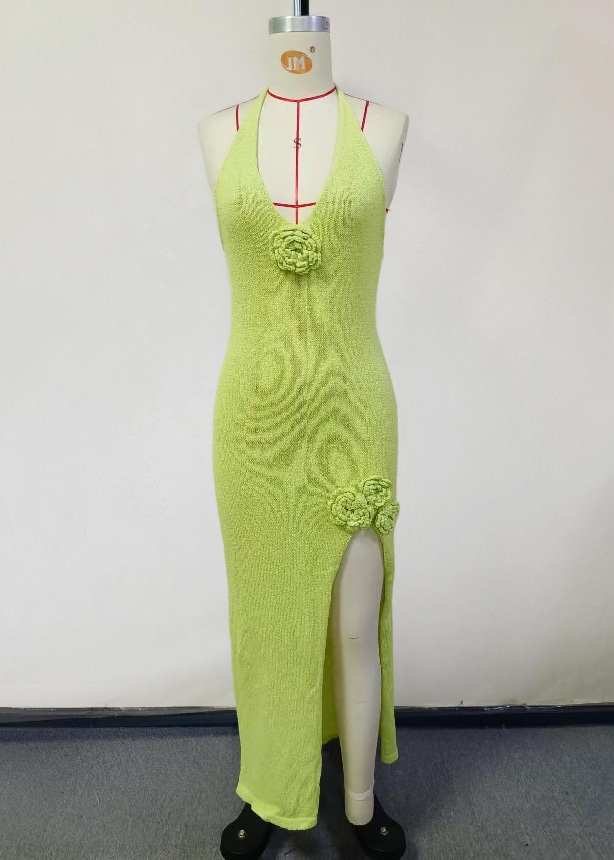 Fruit French Knit Floral Dress Holiday Open Side Decorated Green