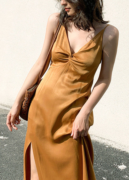 French Ginger V Neck Patchwork Silk Spaghetti Strap Dress Summer UU1049