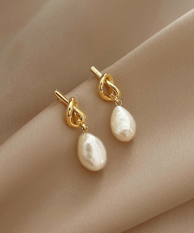 Earrings Pearl Copper Drop Asymmetrical French Gold Alloy