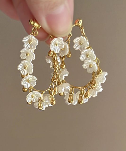 Gold Earrings Copper Floral Overgild French Hoop Tassel