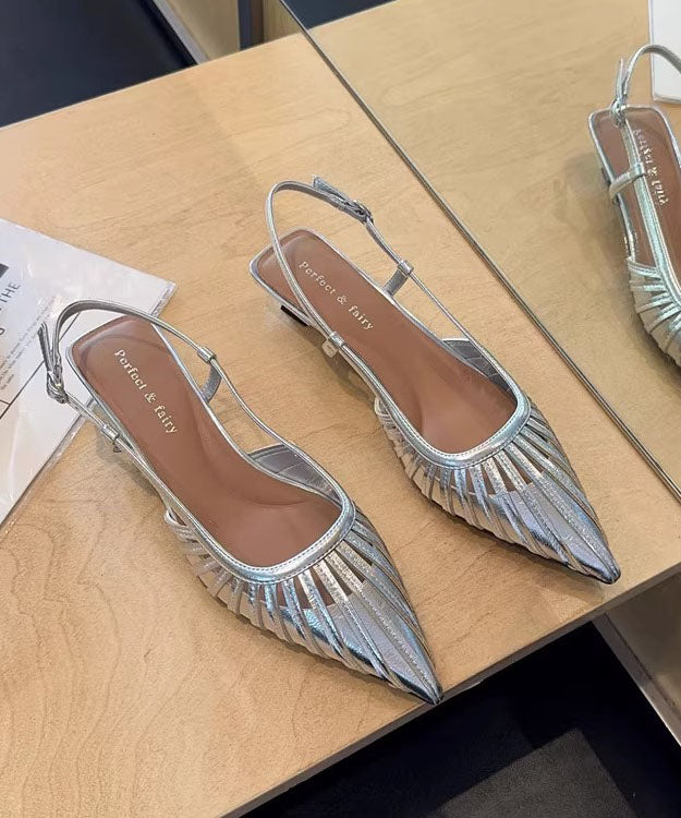 High Faux Gold Heel Hollow Leather Sandals Out French Splicing