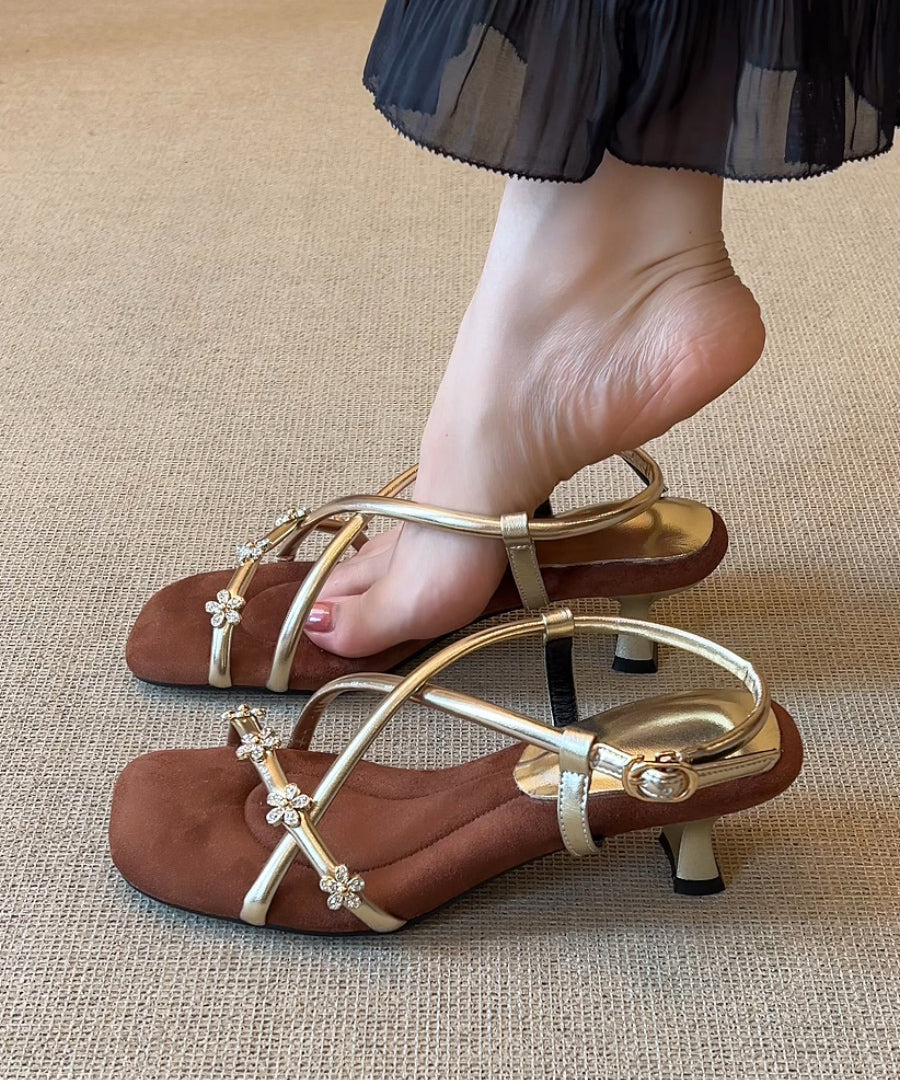 French Toe Square Gold Strap Zircon Flower High Heel Cross