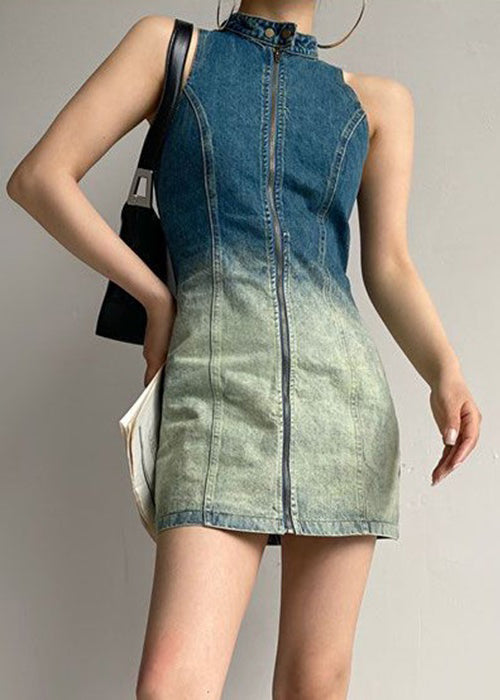 French Gradient Button Color Zip Up Denim Mid Dress Sleeveless XX076