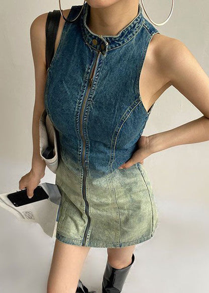 French Gradient Button Color Zip Up Denim Mid Dress Sleeveless XX076