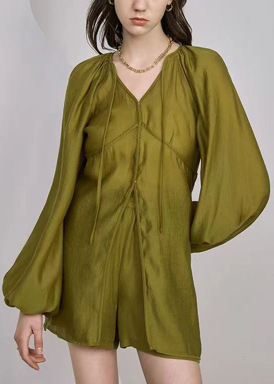 French Grass Green Lace Up Pockets Silk Two Piece Set Long Sleeve Ada Fashion