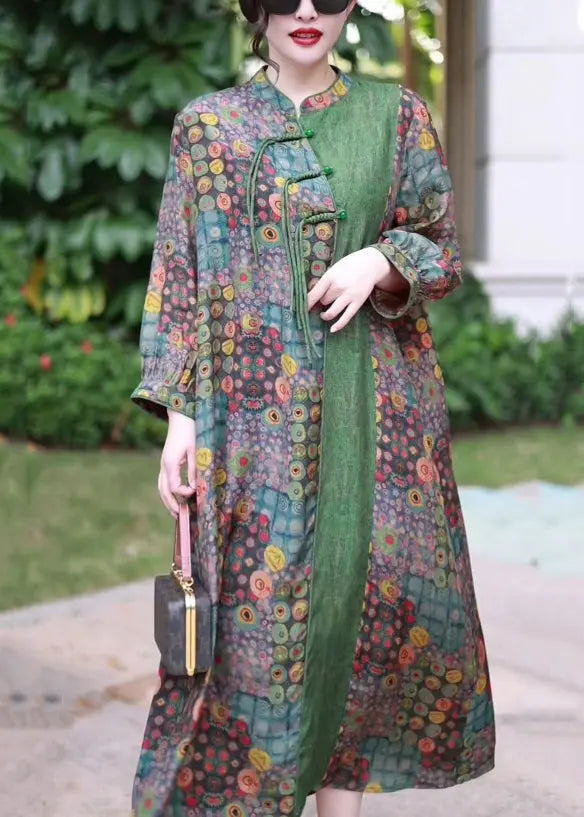 French Green Button Print Patchwork Silk Long Dress Spring Ada Fashion