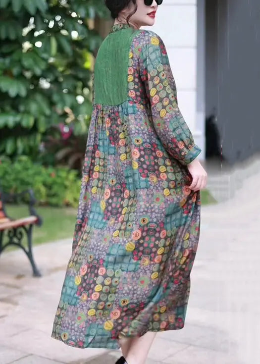 French Green Button Print Patchwork Silk Long Dress Spring Ada Fashion