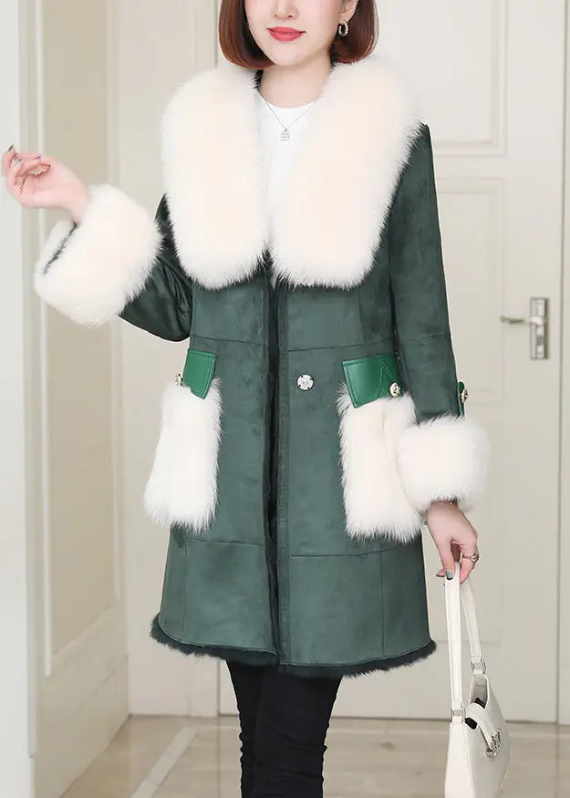 French Green Fox Collar Tie Waist Leather And Fur Coats Winter Ada Fashion